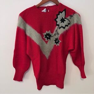 VTG 80s Style Red Women’s Sz. S  Puff Sleeve Sweater Fur Appliqué Stars Sequins